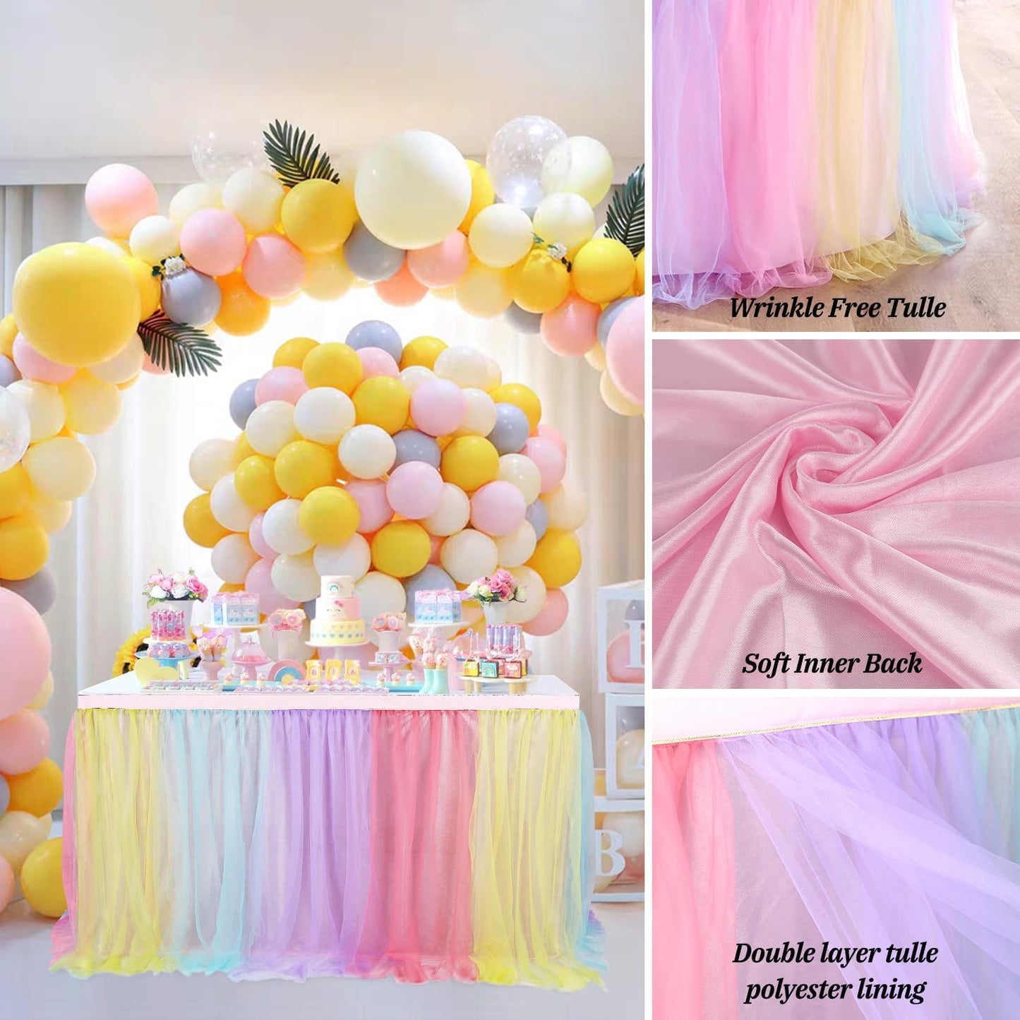 6FT Rainbow Tulle Table Skirts for Rectangle Tables or Round Table Cover with Skirt Princess Rainbow Ruffle Tulle Tutu TableSkirt for Baby Shower Girls Birthday Party Wedding Pastel Tutu Tablecloth