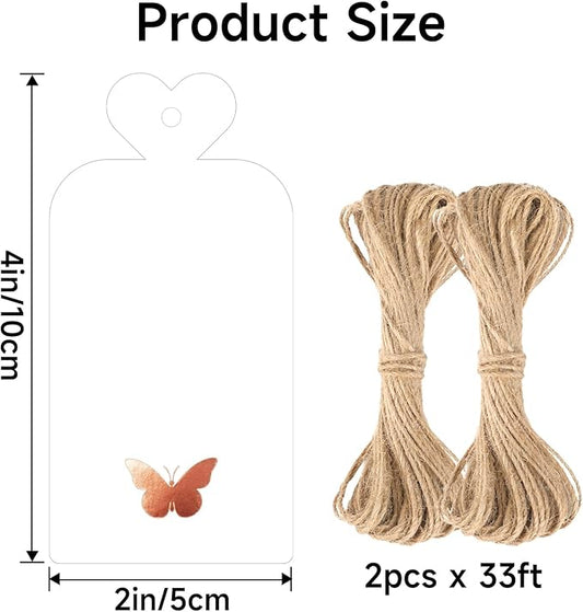 joycraft 100Pcs Gift Tags with String, 4x2 in Blank Tags with Rose Gold Foil Butterfly, White Paper Labels for Birthday, Wedding, Baby Shower, Valentine’ s Day, Christmas