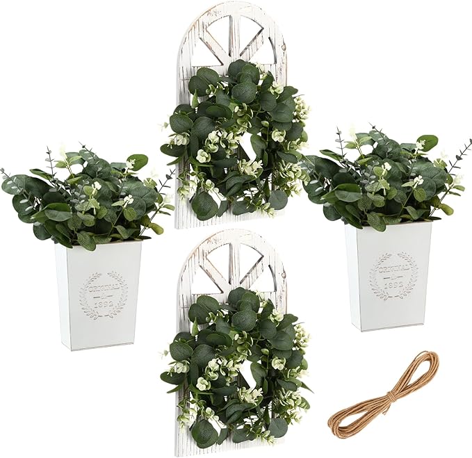 4 Sets 67 Pcs Farmhouse Wall Decor Set Rustic Window Frame Wall Decor with Eucalyptus Wreath and Metal Walls Planters Vintage Farmhouse Walls Art for Living Room Entryway(Arched)