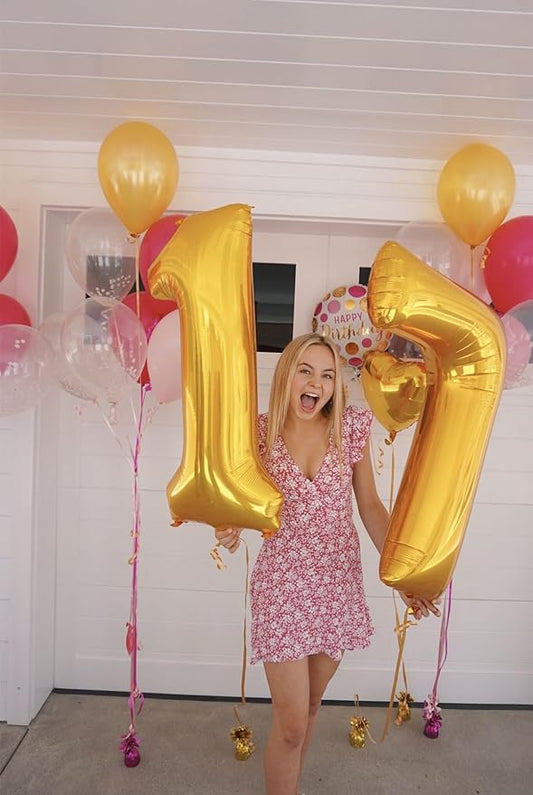 Number 17 Balloons 40 Inch, Gold 17th Birthday Decoration for 1 7 17 71 Men & Women, Foil Big Number Balloon for Wedding Store Anniversary Promotion Party Decorations