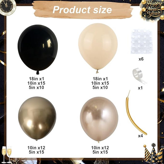 Black and Gold Balloon Arch Kit, Black White Sand Beige Cream Champagne Gold Metallic Latex Balloons Garland for New Years Eve Boho Bridal Baby Shower Anniversary Wedding Birthday Party Decor