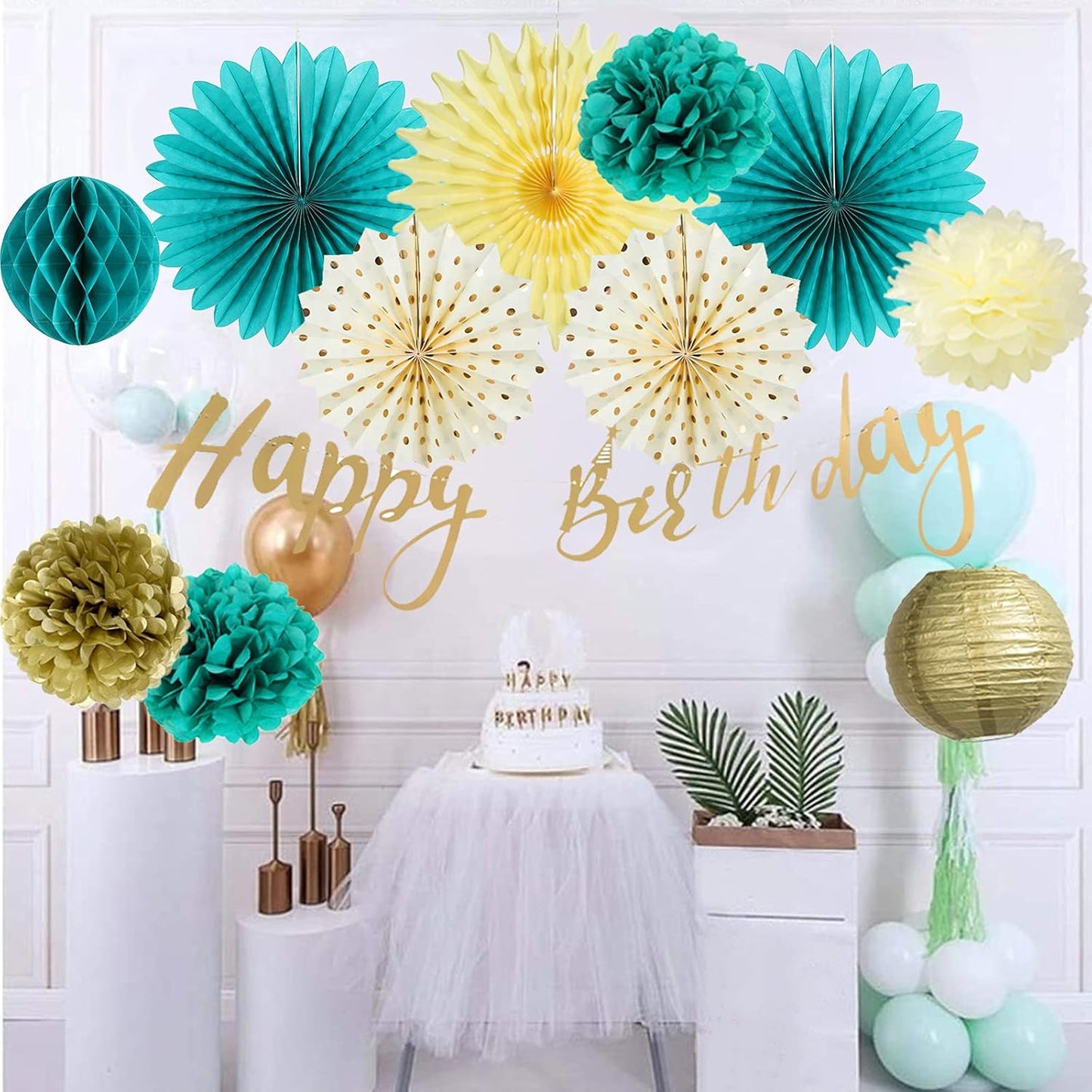 SUNBEAUTY Teal & Gold Party Decorations - Paper Fans, Tissue Pom Poms, Happy Birthday Banner for Baby Showers & Women's 30th/40th Birthdays