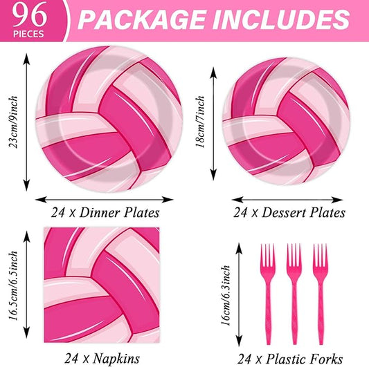 96Pcs Pink Volleyball Party Supplies - Sport Paper Plates, Napkins, Theme Decorations, Dinnerware Favor for Birthday, Baby Shower Tableware - Serves 24