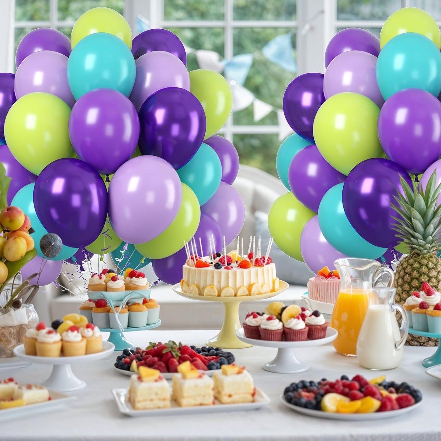 Paready Purple Green Balloons Set, 60Pcs Party Balloons, 12 Inch Fruit Green Metallic Light Purple Teal blue Latex Balloon for Birthday Baby Shower Birthday Party Supply