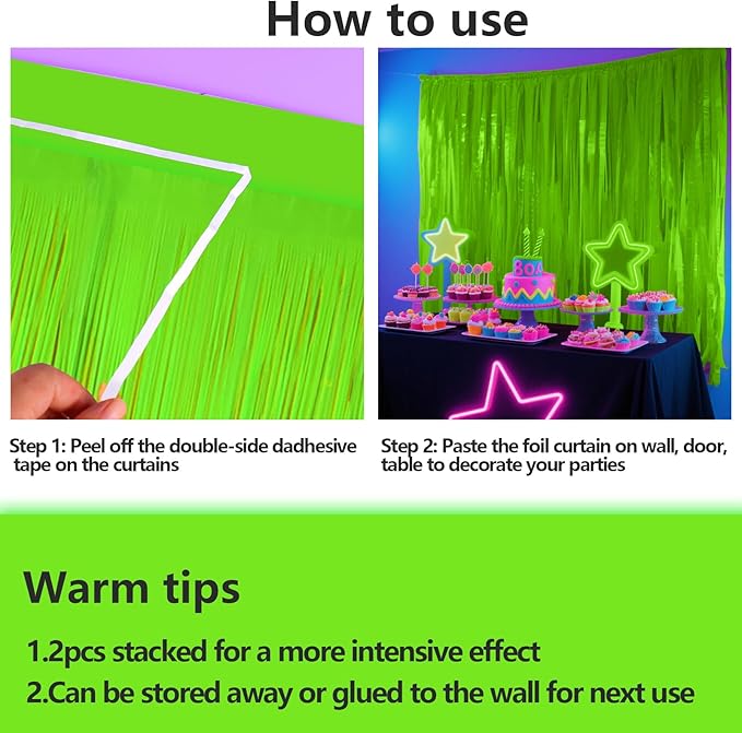 4 Packs Glow in The Dark Foil Fringe Curtain, Macaron Yellow Blacklight Reactive Fluorescent Tinsel Backdrop Neon Luminous Streamers for Birthday, Wedding, Neon Party, Glow Party Decorations Supplies