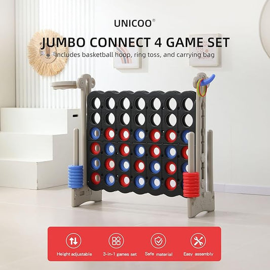 UNICOO® Height Adjustable Jumbo 4-to-Score Game, 4 in A Row Game with Basketball Hoop, Ring Toss, Carrying Bag, Indoor Outdoor Yard Game, Parties & Family Gatherings