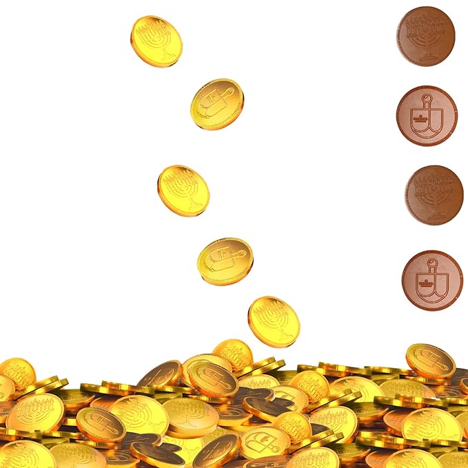 The Dreidel Company 200-Pack Chocolate Candy Milk Chocolate Coins, Hanukkah Gelt, Gold Coins, With Menorah and Dreidel Designs Made with Belgian Chocolate, Gluten Free, Non GMO, Nut-Free, Kosher Certified