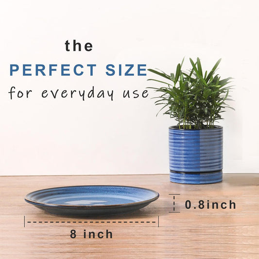 Hasense Salad Dessert Plates, 8 Inch Ceramic Dinner Plate Set of 6, Small Round Serving Dishes for Appetizer, Fruit, Cake, Snack, Blue Reactive Glaze Kitchen Gift, Microwave Dishwasher Safe