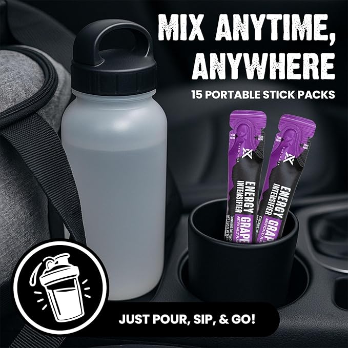 CardoMax - Energy Drink Packets - Liquid Preworkout for Men & Women Caffeine Packets with BCAA, Vitamin B12, Vitamin B6 & B3 - Sugar-Free, Zero Calorie, Vegan & Keto - 15 Stick Packs - Grape
