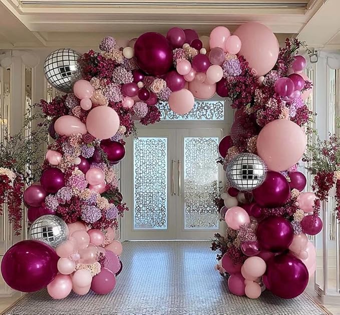Purple Pink Balloon Arch Double Stuffed Burgungy Pink Pearl Balloons Plum Silver Disco Balloon Garland for Birthday Prom Bridal Shower Mother’s Day Wedding Music Theme Party Decoration