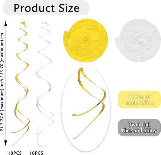 BEISHIDA Gold Silver Hanging Swirls Party Decorations Plastic Streamer for Ceiling, Wedding Graduation Birthday Bachelorette Hanging Party Supplies, Pack of 20