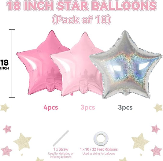 Pink and Silver Star Foil Balloons, 10PCS Pink Laser Silver Foil Stars Shape Balloon, 18 Inch Metallic Glitter Stars Balloons Helium for Girls Women Birthday, Princess, Anniversary Party Decoration