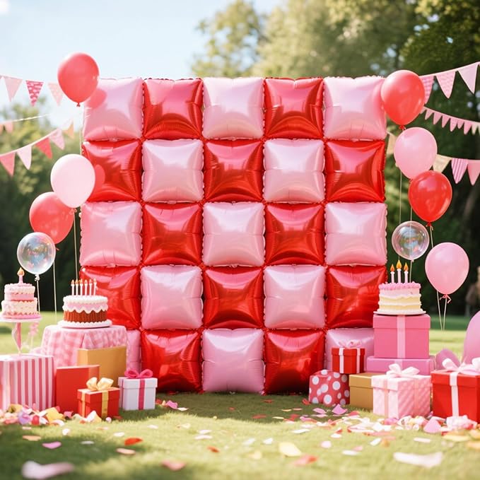 NISOCY 25PCS Red and Pearl Pink Square Foll Balloons Wall Backdrop Double Sided Red Pink Balloon Arch Kit for Birthday Bachelorette Anniversary Engagement Valentine's Day Strawberry Party Decoration