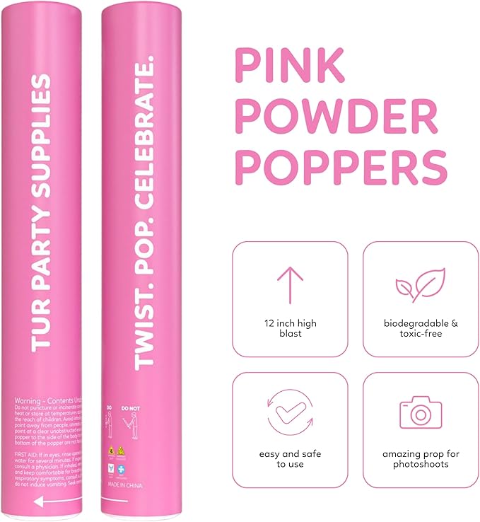 Pink Powder Cannons Smoke Bombs Biodegradable Poppers | 2 Pack | Launch up to 25 ft | 12 inch | Decorations For Photoshoots, Gender Reveal, Celebrations, Festivals, and Parties | TUR Party Supplies