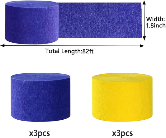 Blue and Yellow Crepe Paper Streamers Party Streamer 1.8 Inch Widening 6 Rolls,Blue Yellow Party Decorations Streamer 82 feet per roll for Birthday Party Decor