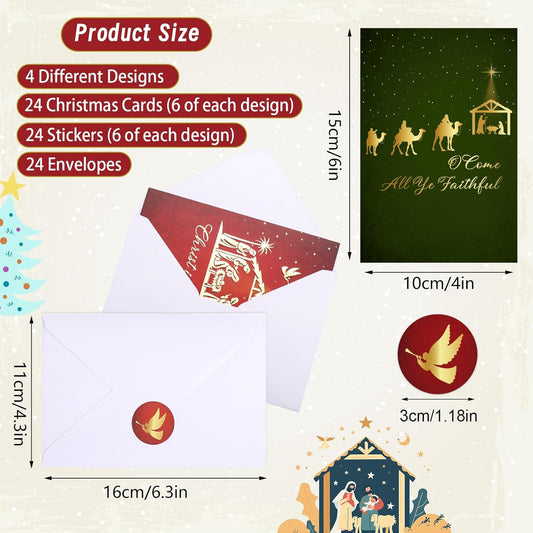 Christmas Cards with Envelopes and Stickers, 24 Pack Religious Christmas Cards, 4 Religious Designs Gold Foil Embossed Greeting Card for Xmas