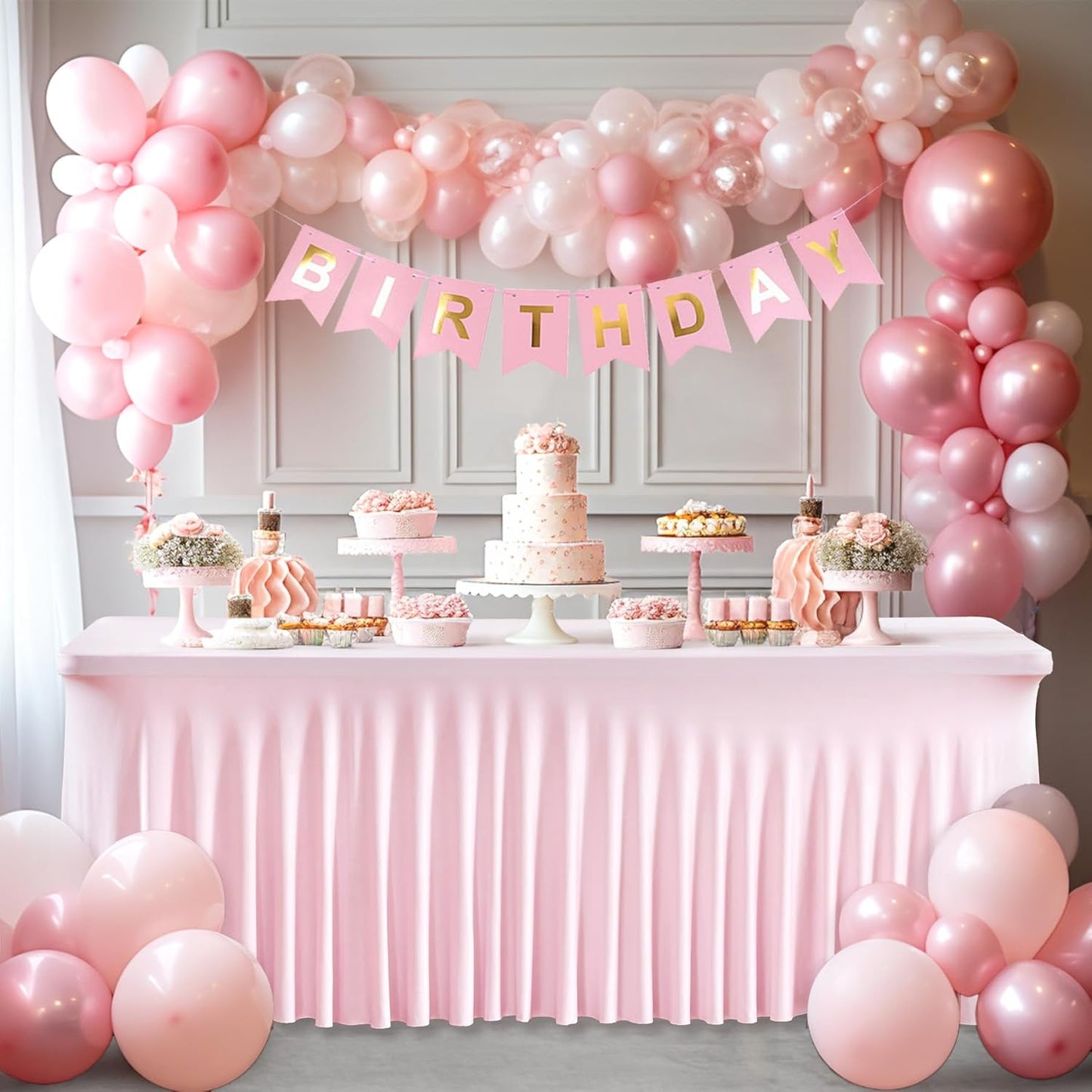 2 Packs Baby Pink Spandex Tableclothes for 8 Foot Rectangle Table, Spandex Table Covers 8FT Stretch Table Skirts Rectangle Wrinkle Free Fitted Table Cover for Event, Wedding, Banquet & Parties