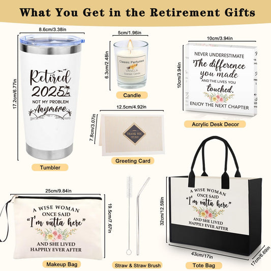 Retirement Gifts for Women 2025, Happy Retirement Gifts for Coworker Teacher Nurse Boss Friend Mom Grandma Retirees Retired Christmas Gift for Women with 20Oz Tumbler Canvas Tote Bag Acrylic Decor