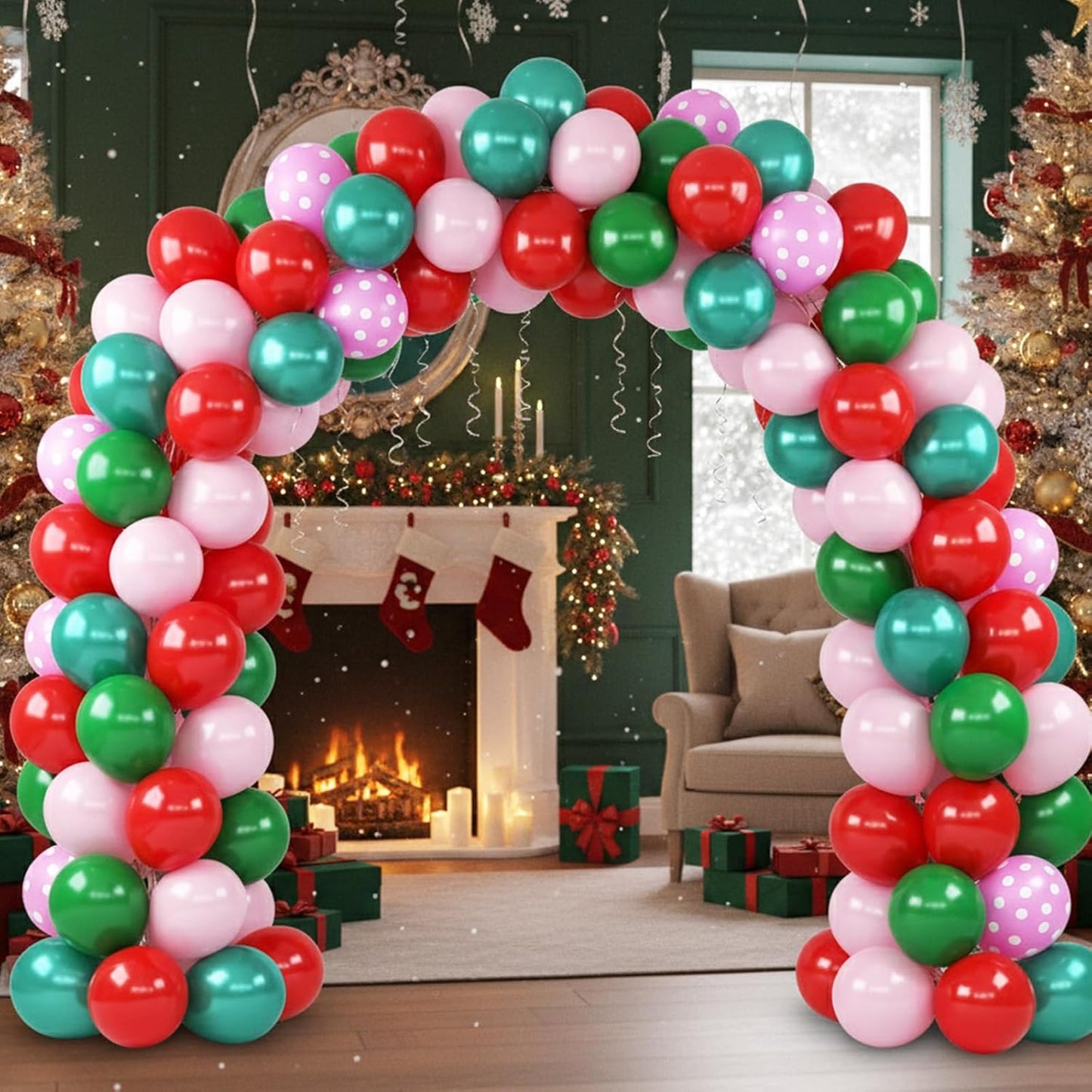 Christmas Balloons, Red Pink Green Balloons with Pink Polka Dots Print Balloon, Pearl Turquoise Blue Dark Green Xmas Party Balloon for Christmas Birthday Carnival New Year Holiday Party Decorations