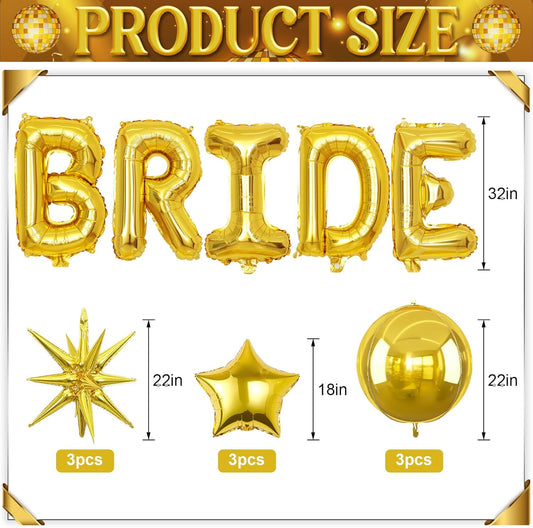 Gold Bride Balloons Bachelorette Party Decorations, 32in Gold Giant Bride Balloons with 4D Disco Ball Balloon and Star Foil Balloon for Bridal Shower Wedding Engagement Party Supplies