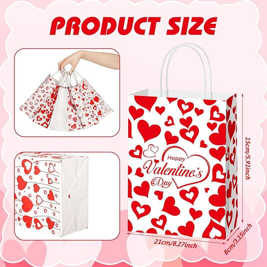 Glenmal 24 Pcs Valentines Bags Bulk with Handles 8.3 x 5.9 x 3.1 Inch Red Heart Love Gift Treat Goodie Candy Paper Bags for Classroom Valentine's Day Gift Wrapping Anniversary Dating Wedding