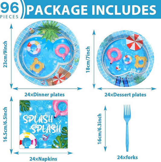 96Pcs Pool Party Supplies Summer Beach Paper Plates Napkins Summer Pool Party Decorations Hawaiian Beach Ball Dinnerware Party Favors Birthday Tableware Serves 24