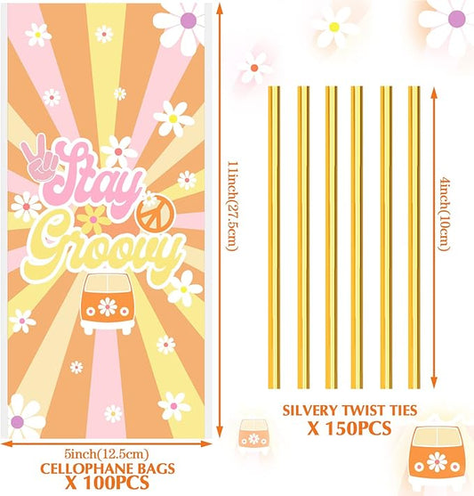 Epakh 100 Pcs Groovy Party Favor Bags Hippie Boho Groovy Retro Daisy Flower Goodie Treat Bag with 150 Pcs Gold Twist Ties for Girls 60's 70's Birthday Baby Shower Party Supplies