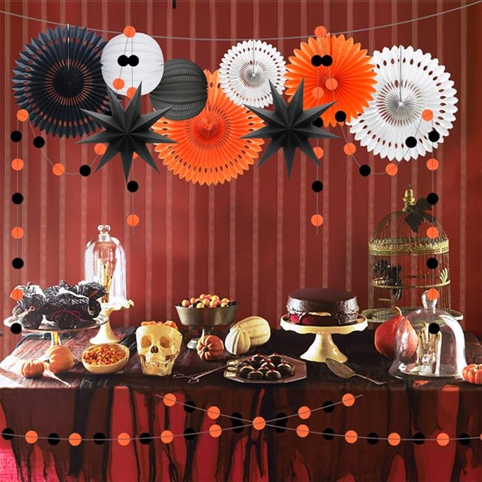 ADLKGG Orange White Black Halloween Decorations, Hanging Tissue Paper Fans Circle Garland Paper Lanterns for Graduation Wedding Anniversary Birthday Backdrop Decor