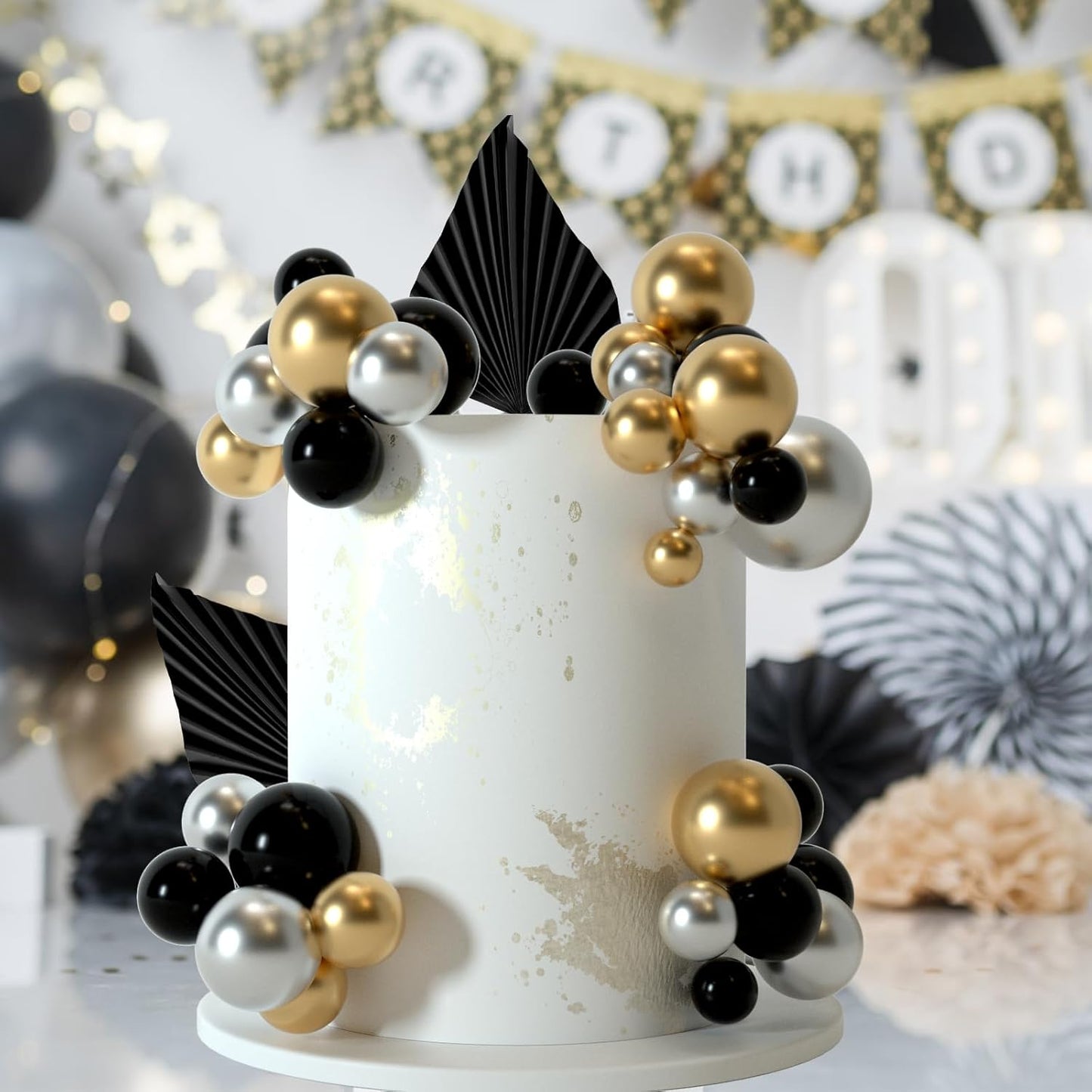 NEBURORA 64 Pcs Balls Cake Toppers and Leaves Decoration Set Mini Balloons for Cake Decorating Supplies Balls Cake decorations for Baby Shower Cake Toppers Birthday Cake Decorations (Black Gold)