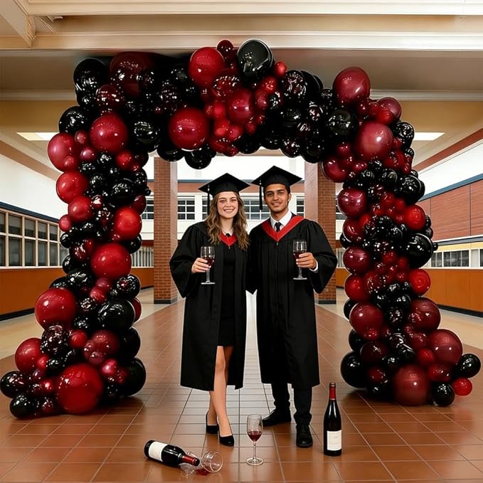 Black Red Balloon Arch Double Stuffed Black Burgundy Maroon Balloons Dark Ruby Red Metallic Balloon Garland Kit for New Year Birthday Wedding Valentines Anniversary Graduation Party Decorations