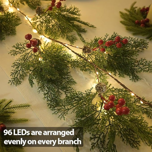 2025 New 6.56FT Christmas Garland Lights with 96 LED 8 Flash Modes Battery Operated Cypress Garland with Timer Lighted Xmas Pine Garland Christmas Decor for Mantle Fireplace Table Stairs Holiday