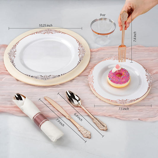 350PCS Rose Gold Plastic Plates for 50 Guests, Disposable Dinnerware Sets Include 100 Rose Gold Rim Plastic Plates, 50 Silverware and Cups, 50 Pre Rolled Napkins for Party, and Graduation
