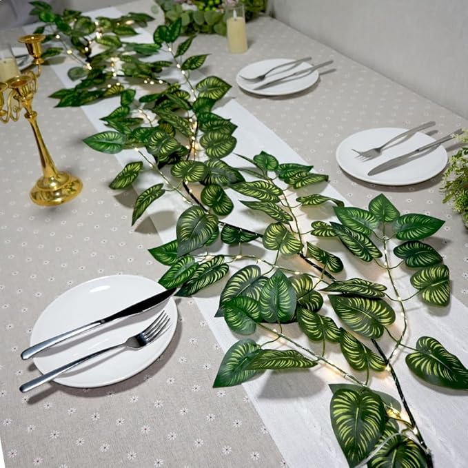 6.56FT Green Vines Garland with Lights 96 LED Battery Operated with Timer Faux Photos Vines Twig with Lights Spring Garlands Decortions for Mantel Fireplace Table Wall Patio Wedding Holiday Home Decor