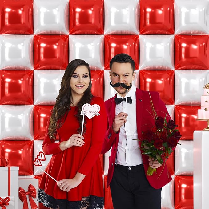 NISOCY 36PCS Red White Square Foil Balloons Wall Backdrop Double Sided Red Pearl White Balloons Arch Kit for Birthday Wedding Bridal Shower Valentine Anniversary Party Decorations
