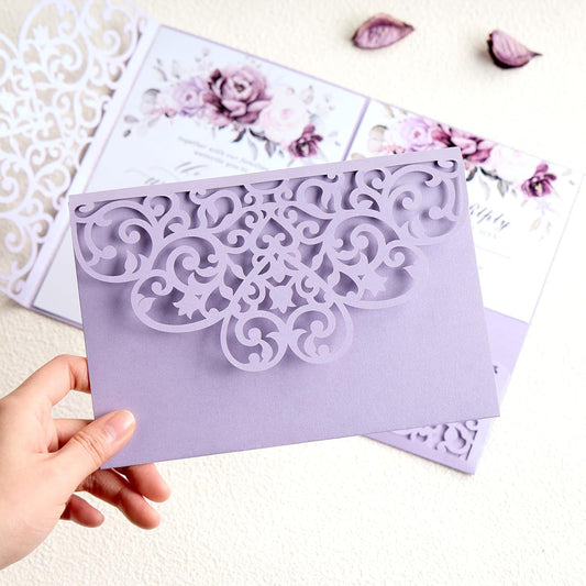 50 pcs Purple Wedding Invitations 5×7 Personalized Invitations with Envelopes and RSVP Cards Blank Birthday Invitations Laser Cut Hollow Out Invitation Kits for Engagement Sweet 16 Quinceanera Bridal Shower