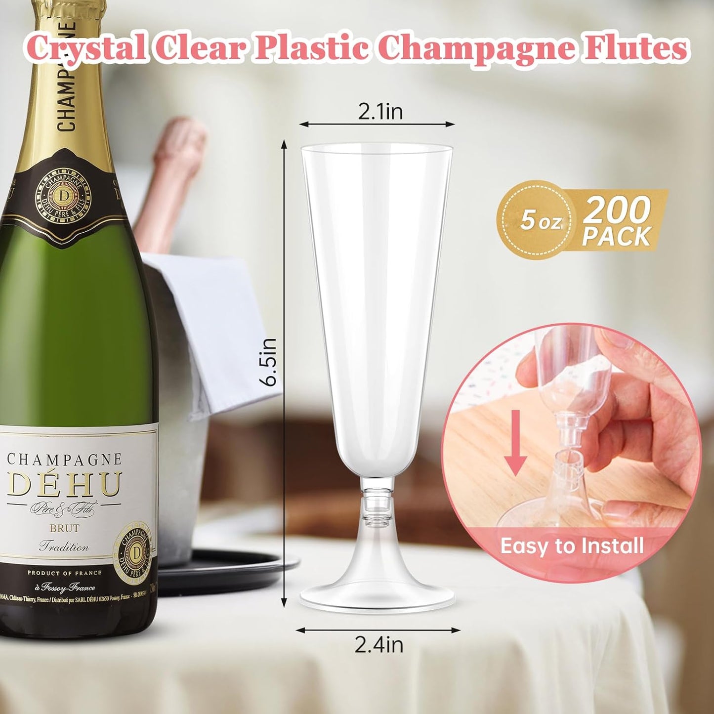 SUREHOME Plastic Champagne Flutes 200 Pack Champagne Glasses Disposable Mimosa Glasses 5 Oz Crystal Clear Plastic Flutes for Party Drinking Cocktail Cups Acrylic Wedding Toasting Glasses Flutes Bulk
