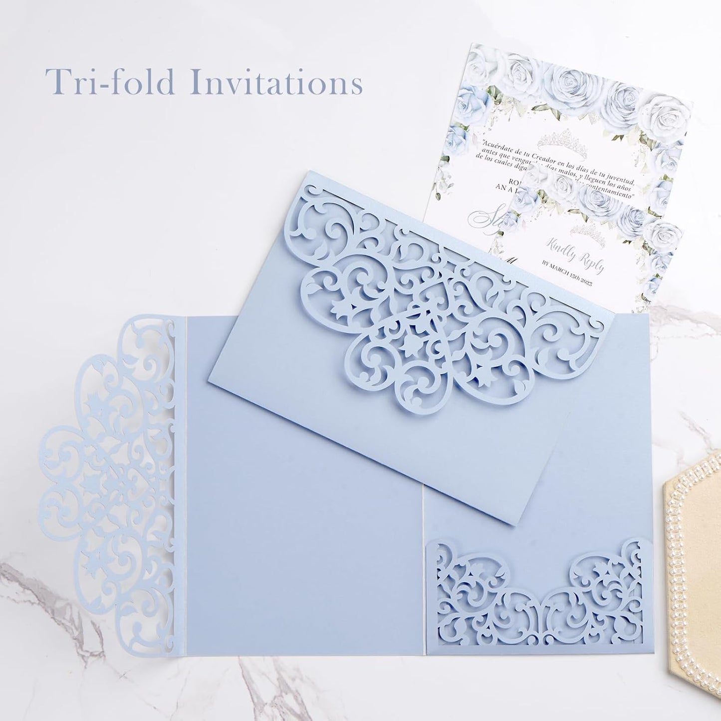 Laser Cut Wedding Invitations Haze Blue Tri-Fold Personalized Birthday Invitations 50Pcs with Envelops and RSVP Cards for Wedding Bridal Shower Quinceanera Engagement Party Invite