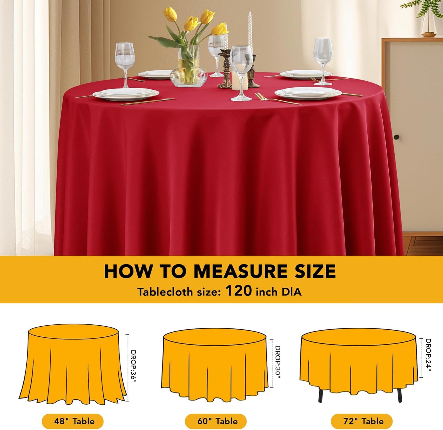 6-Pack Red Round Tablecloths, 120 Inches, Stain-Resistant Polyester for 5-6 Ft Round Tables - Washable Table Covers for Weddings, Banquets, Birthday Parties, Events
