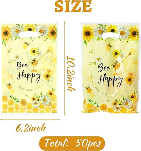 3sscha 50Pcs Bee Party Favor Bags Sweet As Can Bee Plastic Waterproof Goodie Bag Sunflower Yellow Rectangular Gift Pack for Kids Birthday Baby Shower Decoration Party Favor Supplies