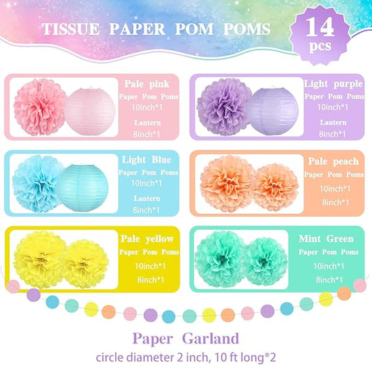 14 Pcs Pastel Party Decorations Kit - Macaron Tissue Paper Pom Poms, Lanterns & Polka Dot Garland for Girls Birthday, Baby Shower, Unicorn Ice Cream Donut Theme, Easter & Classroom Decor