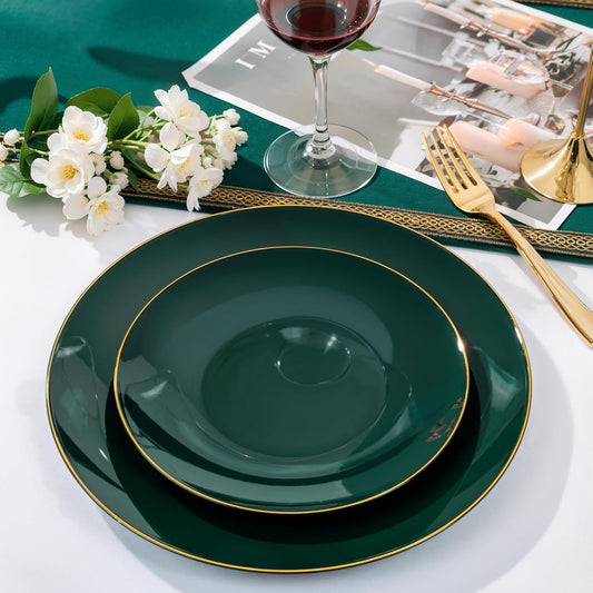 Nervure 100Pcs Green and Gold Plastic Plates - 7.5inch Disposable Green Dessert/Salad Plates - Heavy Duty Plastic Plate Ideal for Wedding & Party & Christmas