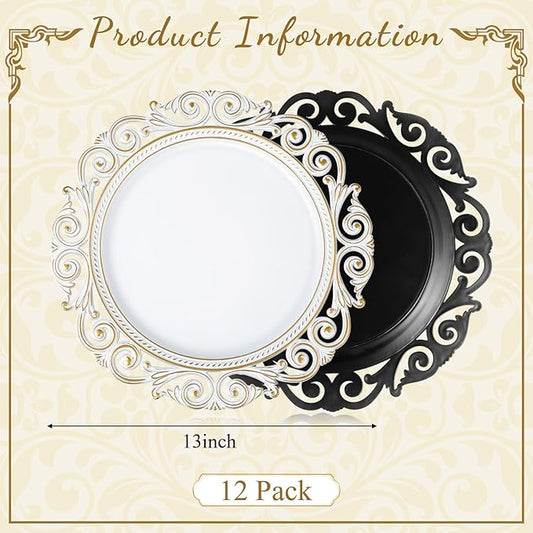 12 Pcs Antique White Charger Plates Bulk 13 Inch Embossed Rim Plastic Round Decorative Plates Charger for Dinner Wedding Party Event Table Setting Decoration (Hollowed out Wave)