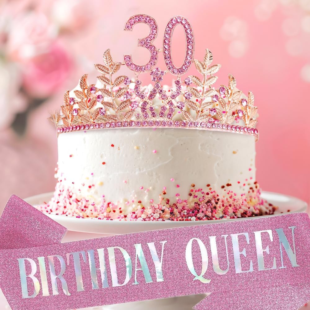 Birthday Sash Tiara Birthday Tiara Rhinestone Crown Rose Gold Birthday Queen Tiara Sash and Tiara for Women Birthday Decor Princess Tiara Cake Topper Crystals Hair Accessories for Party