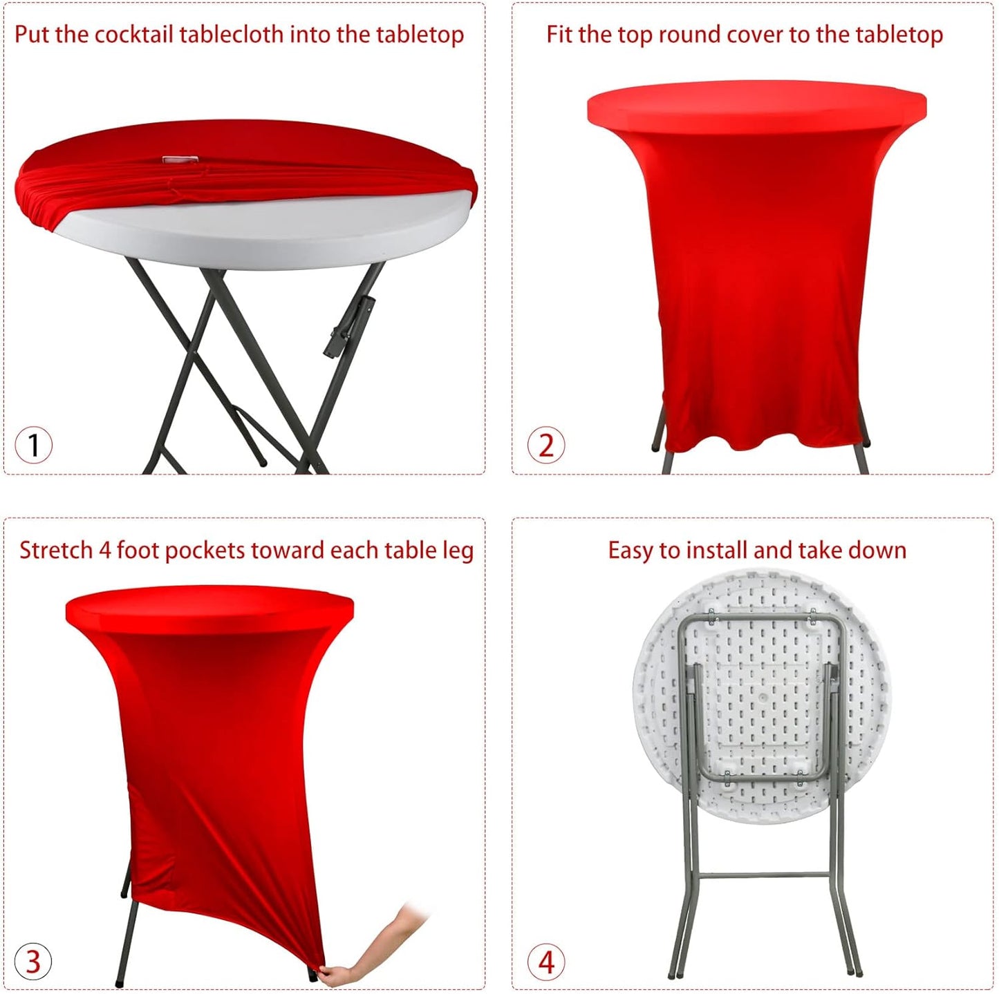 6 Pack Cocktail Spandex Tablecloth 32"x43" Red Stretch Square Corners Cocktail Table Cover Fitted High Top Round Table for Bar Wedding Birthday Party Banquet
