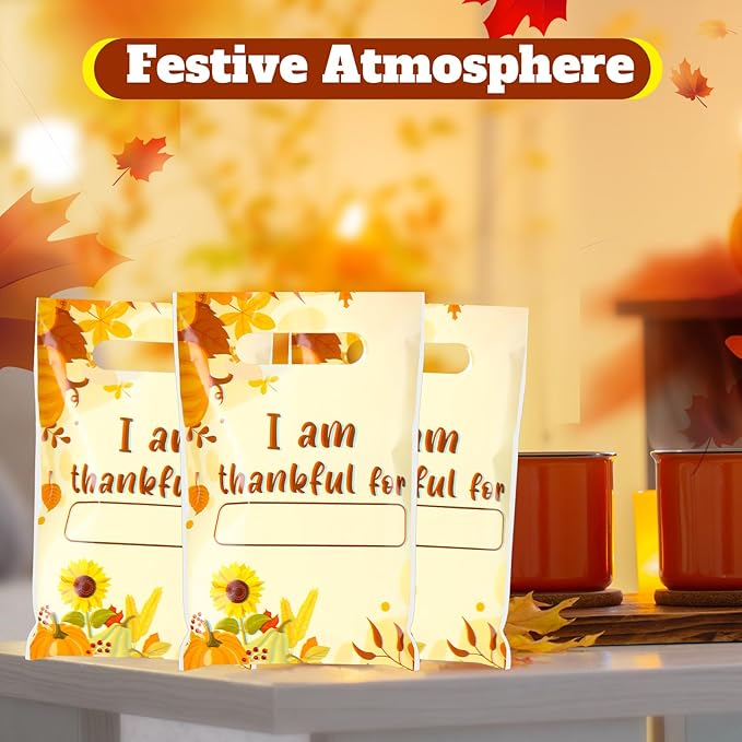 Supervitae 100 Pcs I Am Thankful Plastic Gift Bags Thanksgiving Party Favor Thank You Bags Bulk with Handles for Thankful Gratitude Snacks Goodie Candy Treat Autumn Fall Thanksgiving Party Supplies