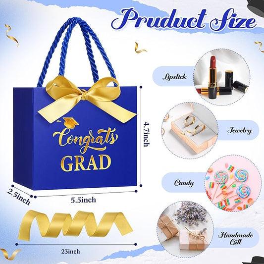 Moinchore 30 Pcs Blue Gold Graduation Gift Bags Bulk 5.5 x 4.7 x 2.5'' Small 2026 Congrats Grad Favor Bags with Handles Bow Ribbon Wrap Graduation Day Paper Party Supplies for College High School