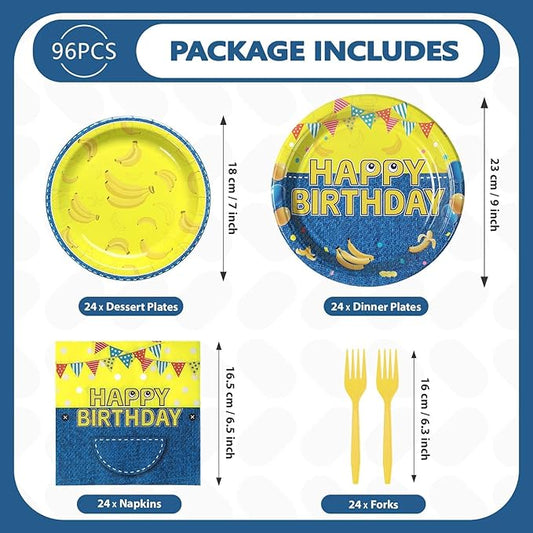 Grencian 96Pcs Yellow Cartoon Birthday Party Decorations Yellow Cartoon Paper Plates and Napkins Banana Theme Disposable Tableware for Banana Theme Birthday Decorations Serves 24