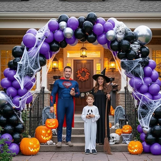 Black and Purple Balloons - 132pcs 18'' 12'' and 5'' Purple Black Balloon Arch Kit with Metallic Silver Balloons for Birthday Party Halloween Graduations Corporate Event and Gaming Night