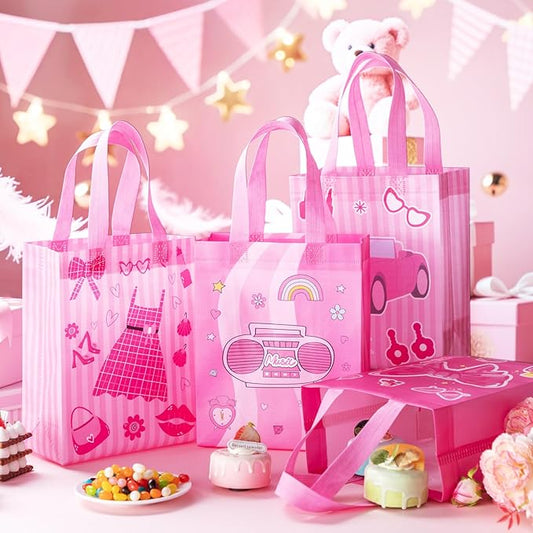Wesnoy 24 Pcs Pink Party Favor Bags with Handle Hot Pink Reusable Non Woven Goodie Bags Bulk Princess Party Favors for Bachelorette Birthday Decoration