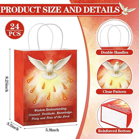 24 Pcs Holy Spirit Confirmation Gift Bags Pentecost Catholic Gift Bag Religious Paper Gifts Supplies with Handles Christian Party Favor for Baptism Party Rcia Decoration